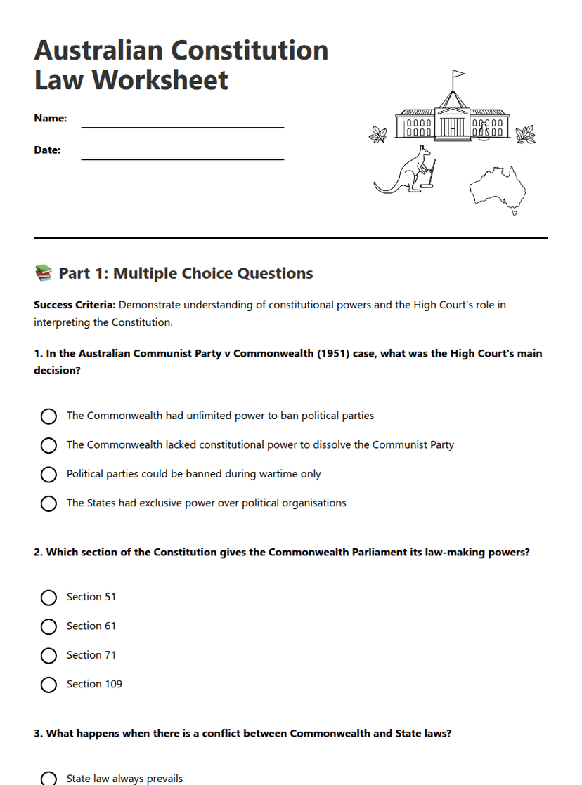 Australian Constitution Law Worksheet