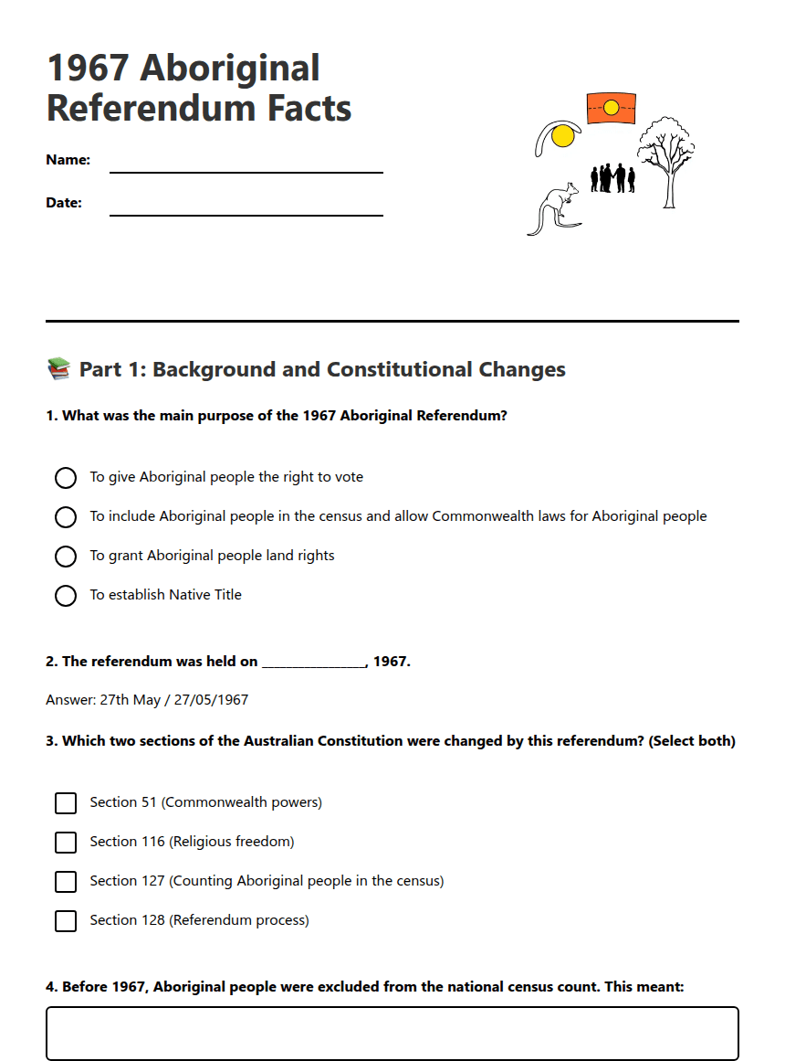1967 Aboriginal Referendum Facts worksheet preview