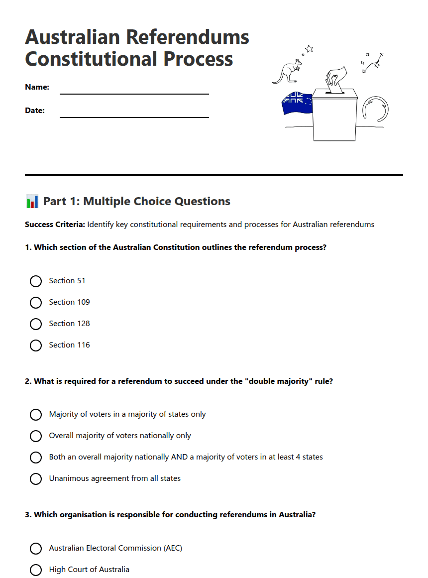 Australian Referendums Constitutional Process worksheet preview