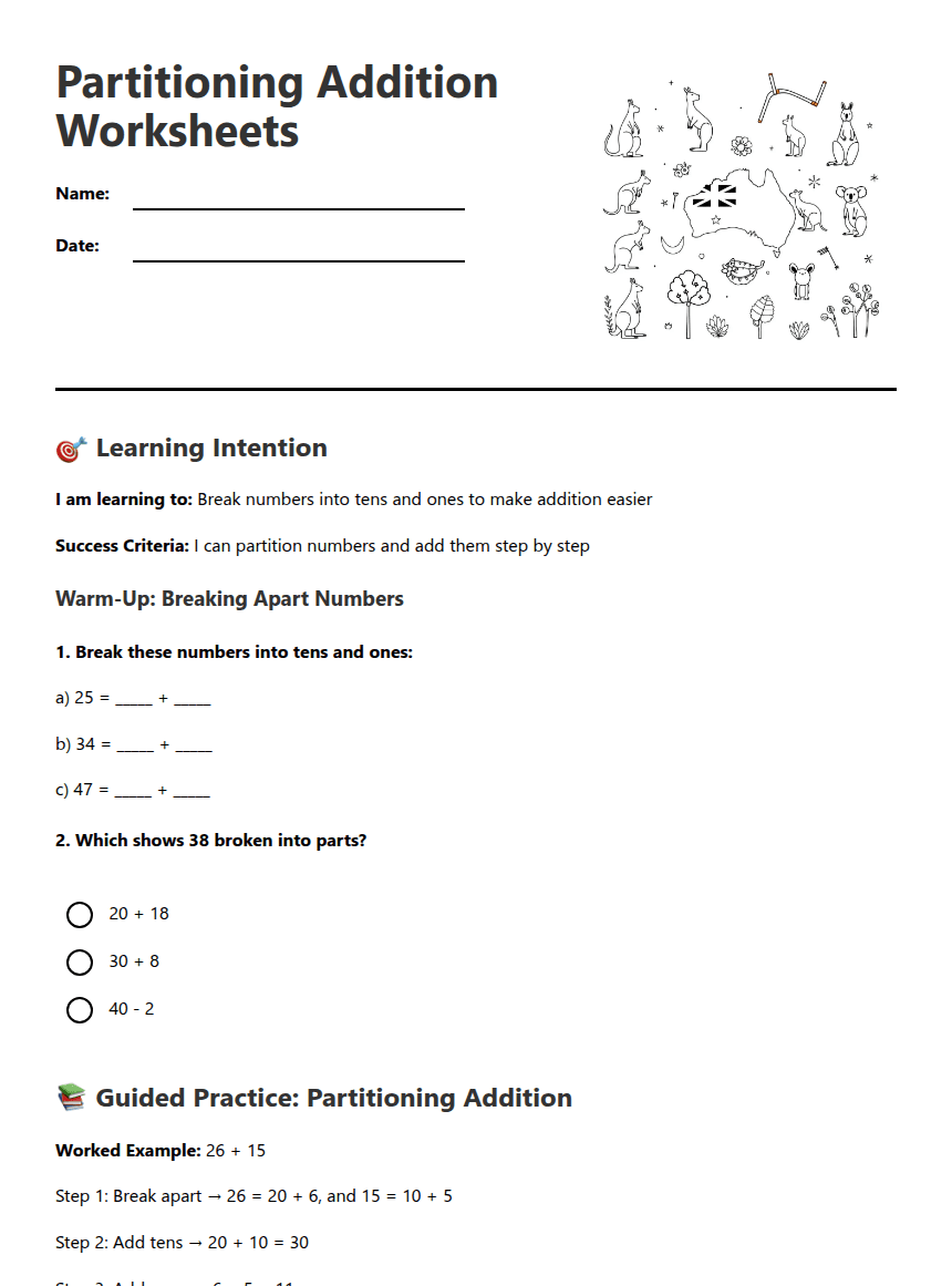 Partitioning Addition Worksheets worksheet preview
