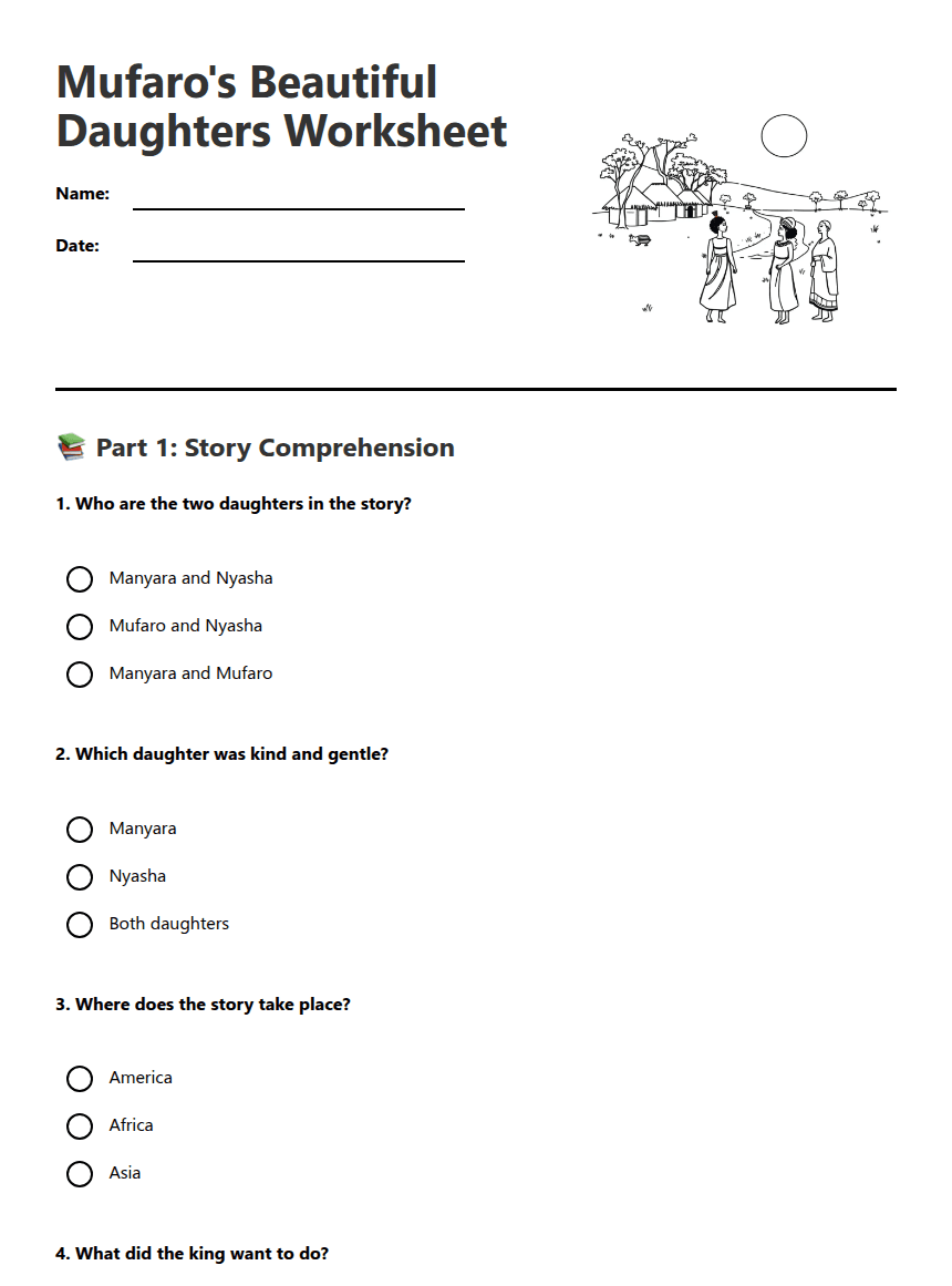 Mufaro's Beautiful Daughters Worksheet worksheet preview