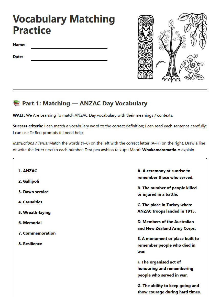 Vocabulary Matching Practice worksheet preview