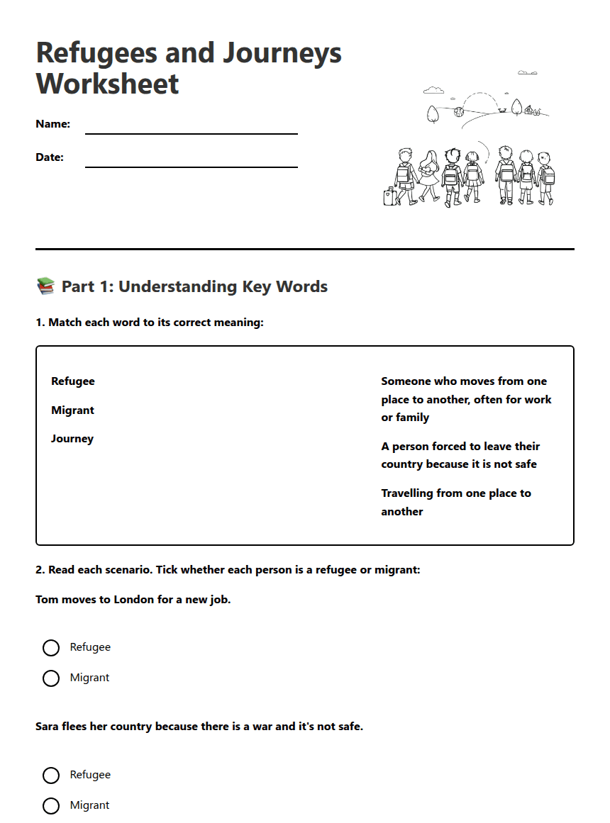 Refugees and Journeys Worksheet worksheet preview