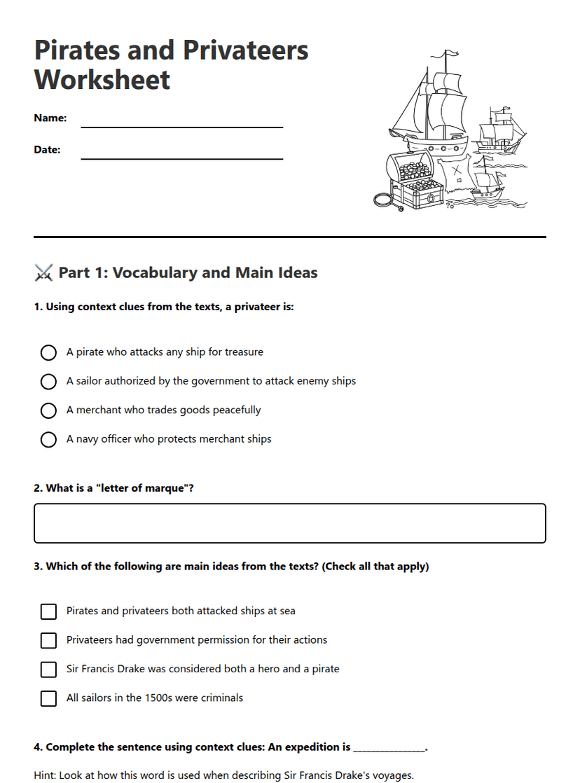 Pirates and Privateers Worksheet