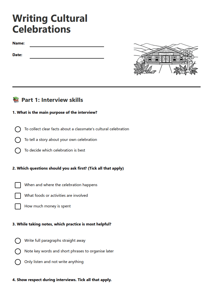 Writing Cultural Celebrations worksheet preview
