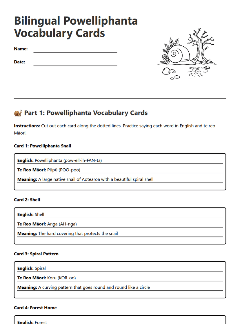 Bilingual Powelliphanta Vocabulary Cards