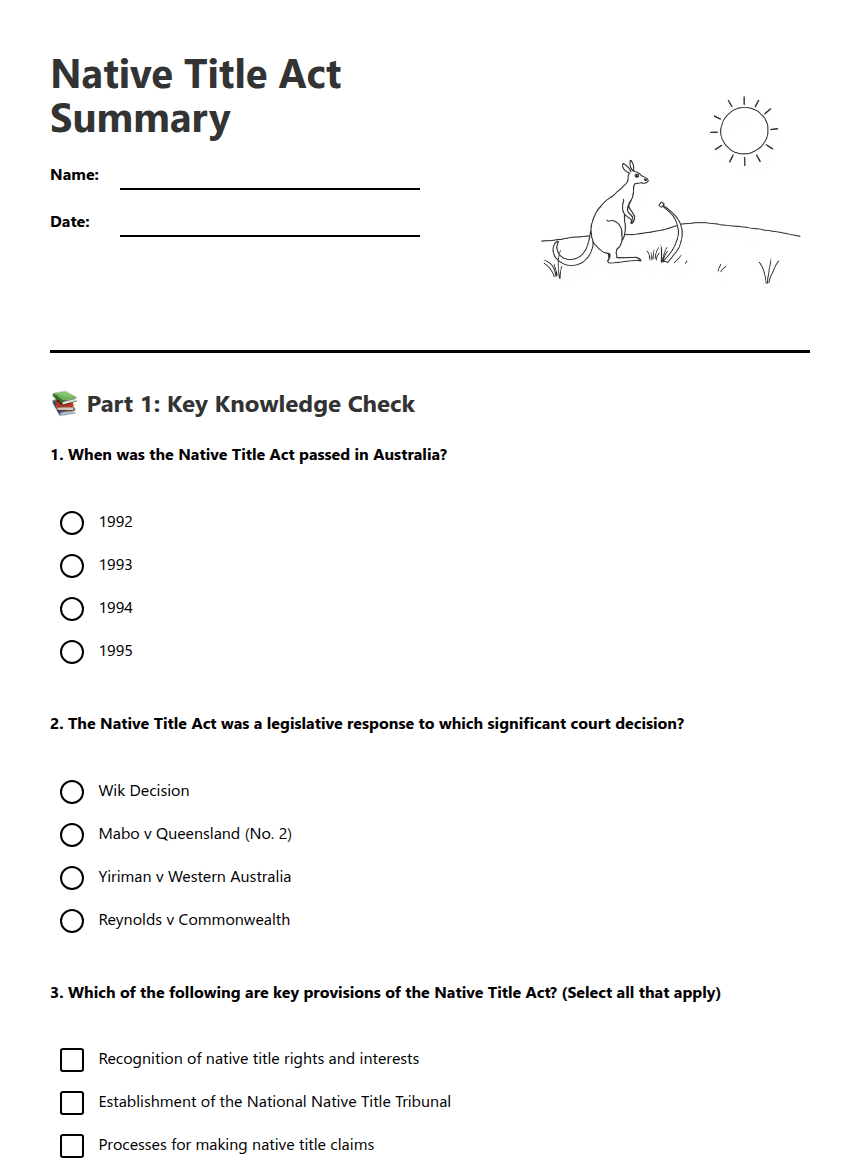 Native Title Act Summary worksheet preview
