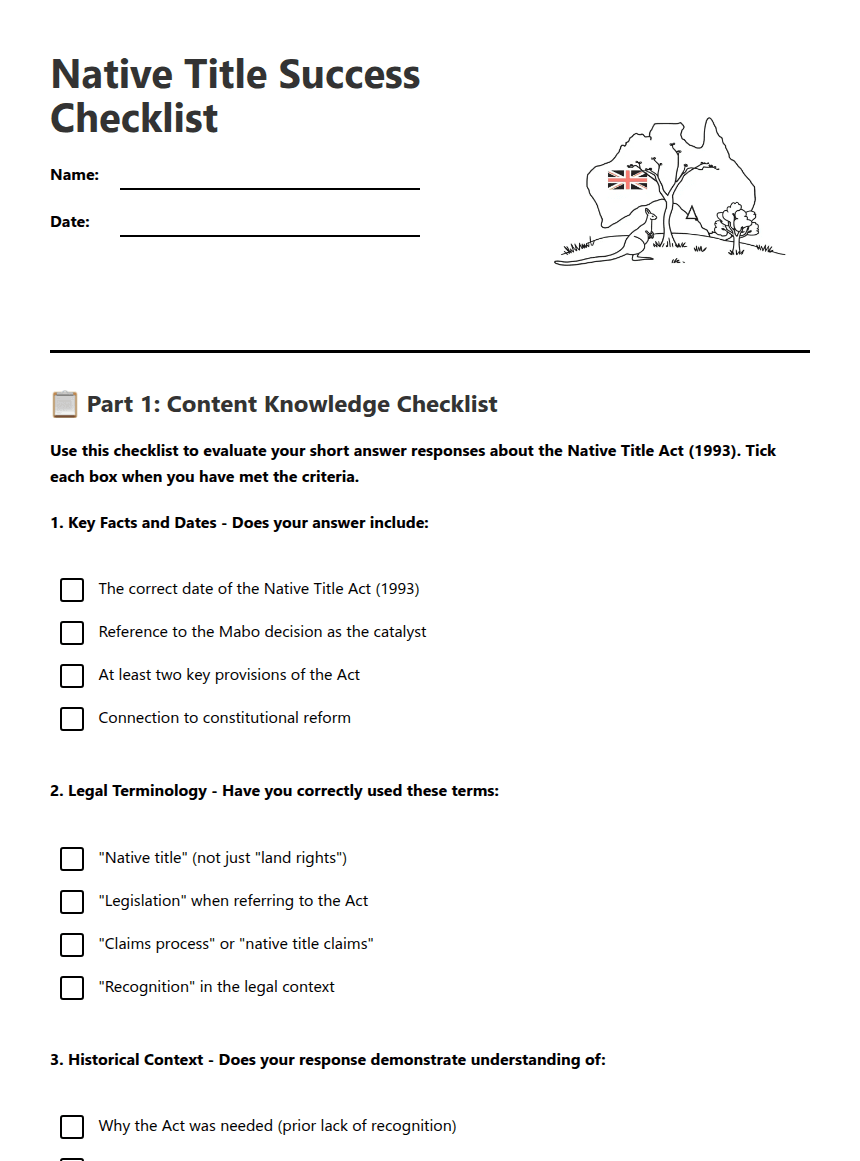Native Title Success Checklist worksheet preview