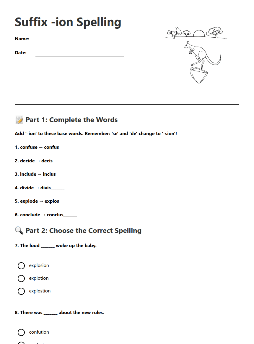 Suffix -ion Spelling worksheet preview
