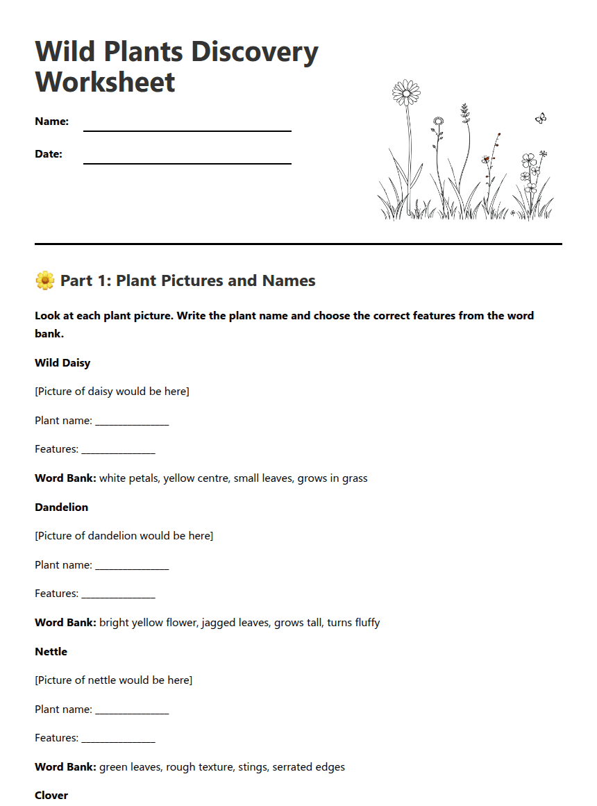 Wild Plants Discovery Worksheet worksheet preview