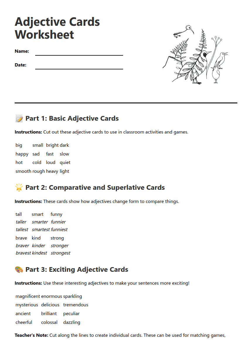 Adjective Cards Worksheet worksheet preview
