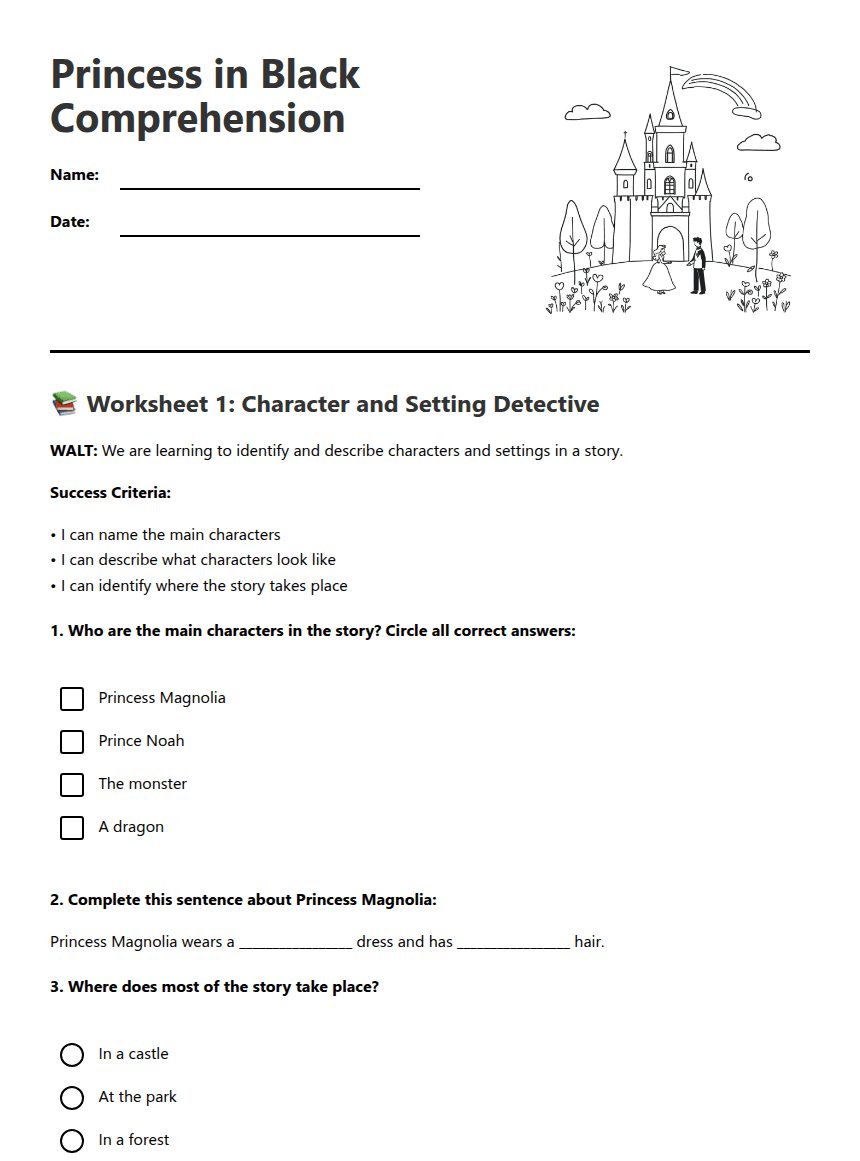 Princess in Black Comprehension worksheet preview