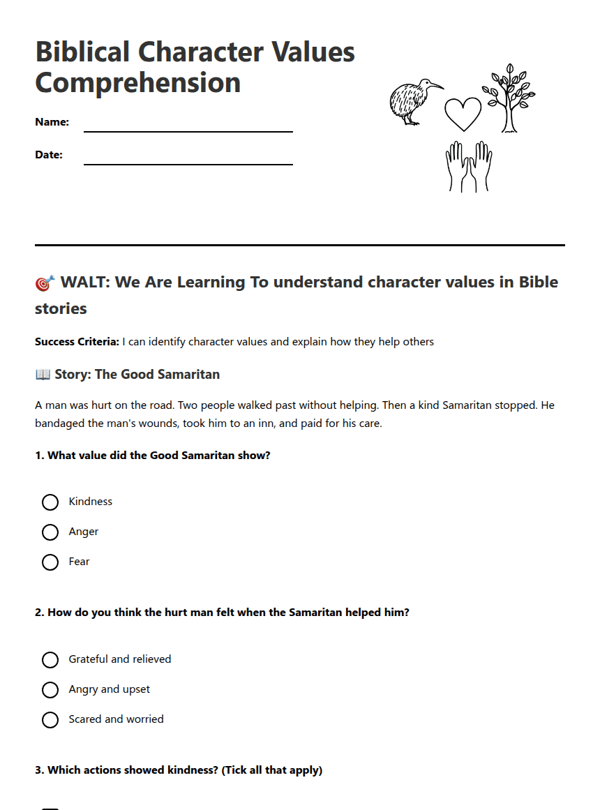 Biblical Character Values Comprehension worksheet preview