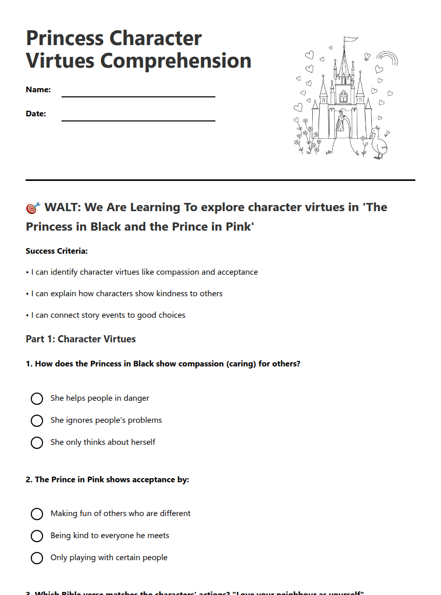 Princess Character Virtues Comprehension worksheet preview