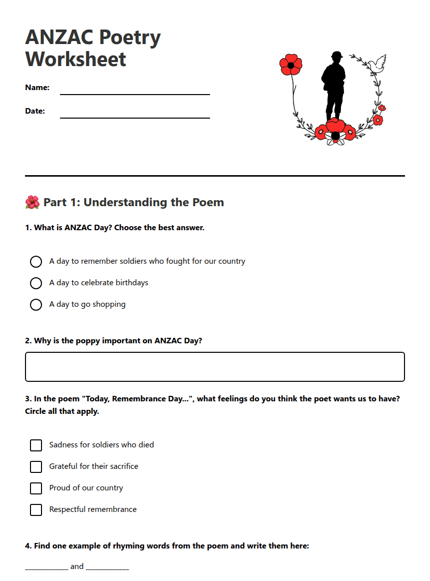 ANZAC Poetry Worksheet worksheet preview