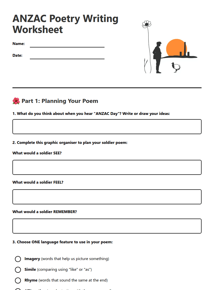 ANZAC Poetry Writing Worksheet worksheet preview