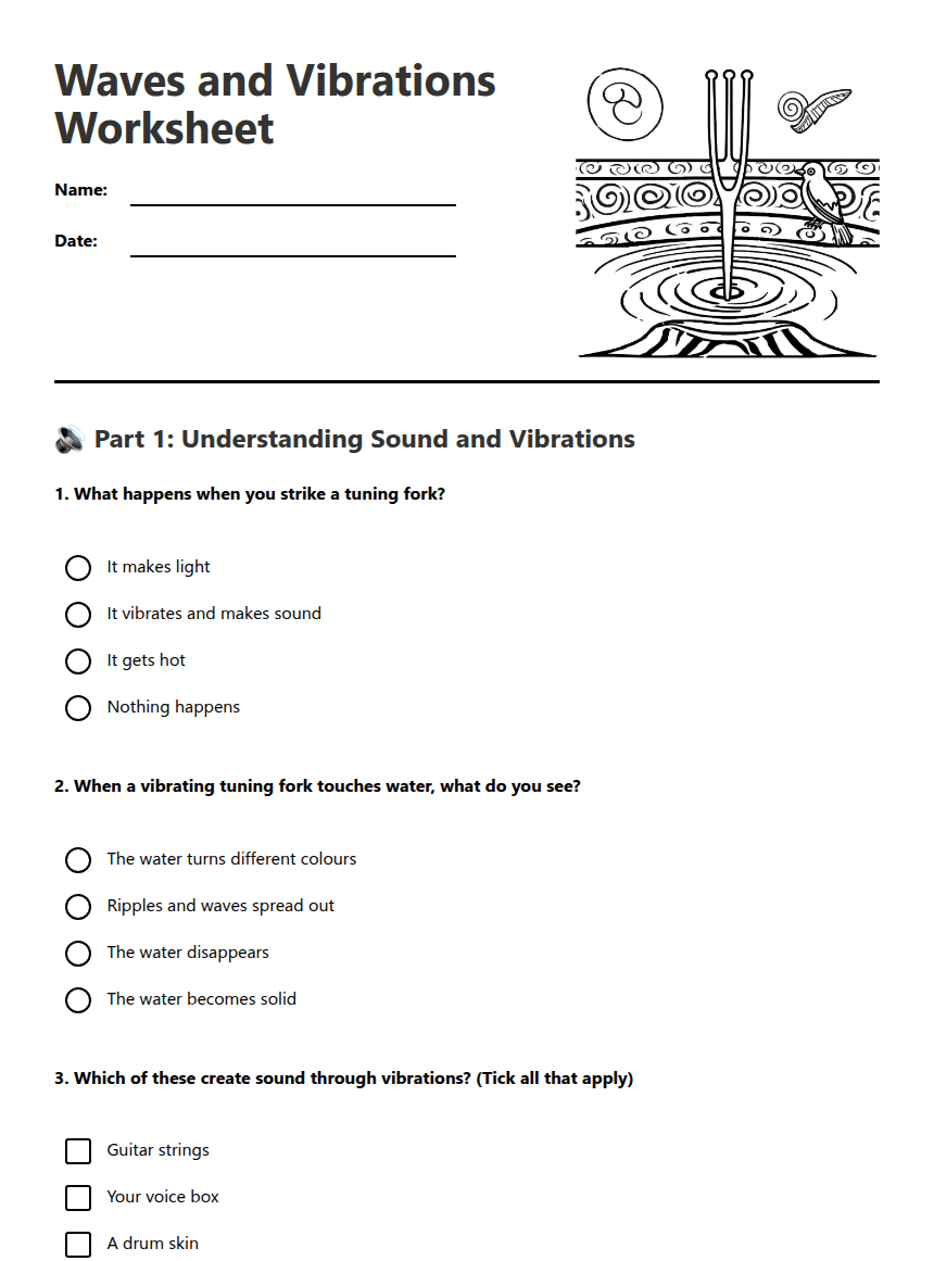Waves and Vibrations Worksheet worksheet preview