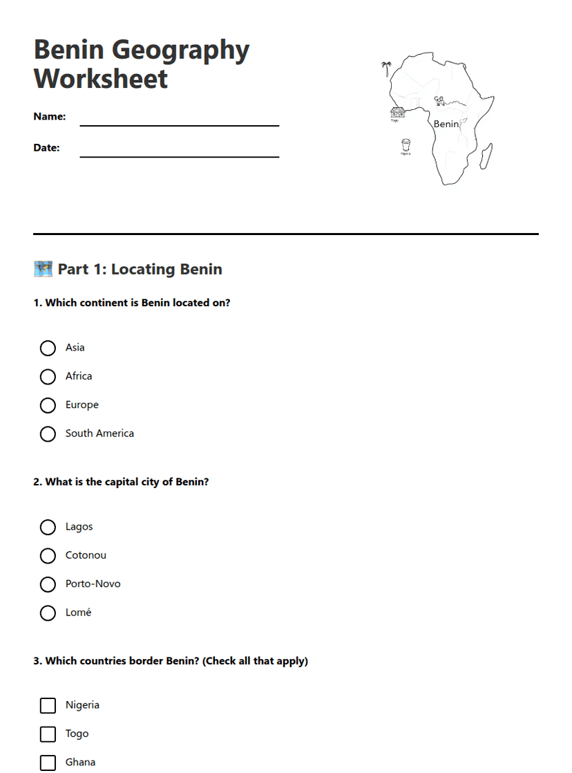 Benin Geography Worksheet