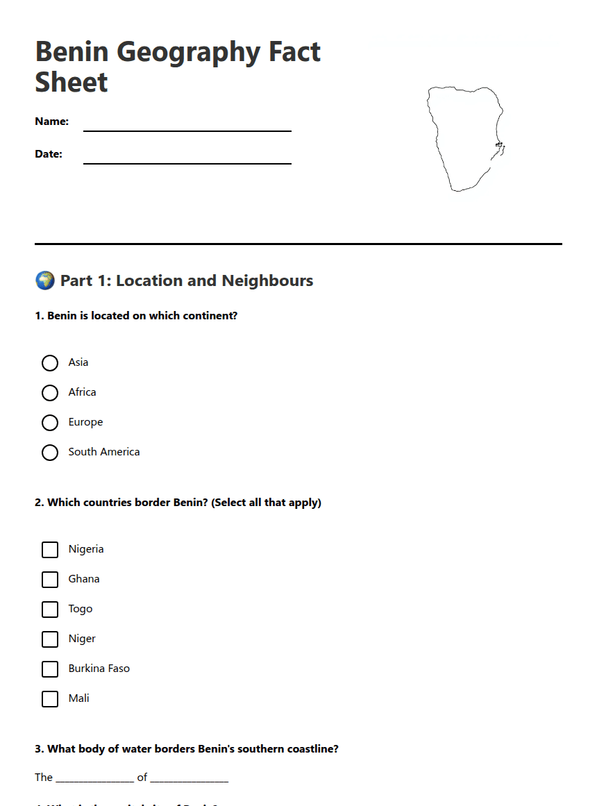 Benin Geography Fact Sheet worksheet preview