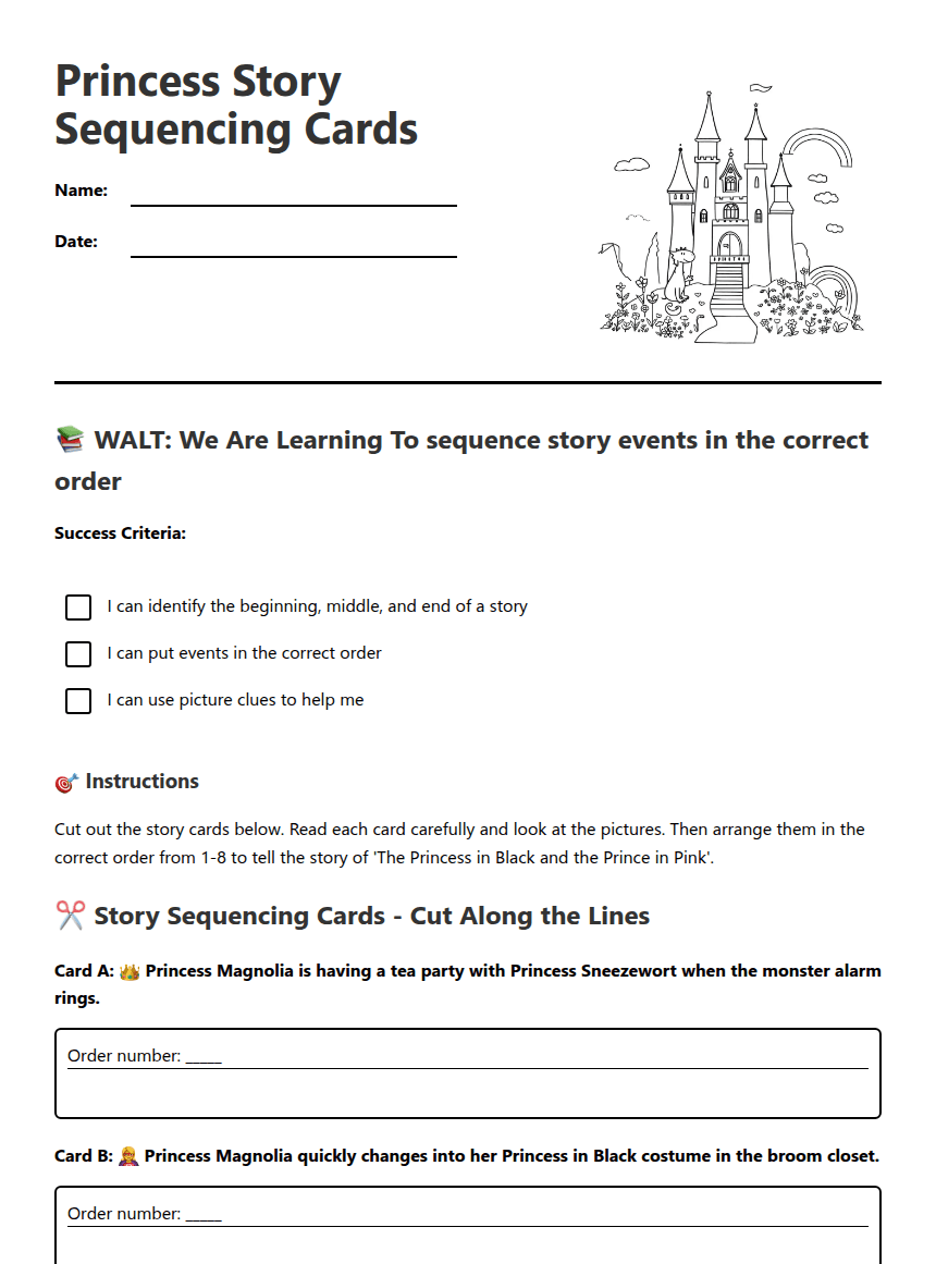 Princess Story Sequencing Cards worksheet preview