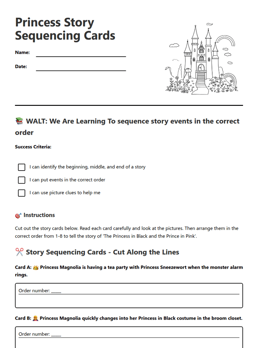 Princess Story Sequencing Cards