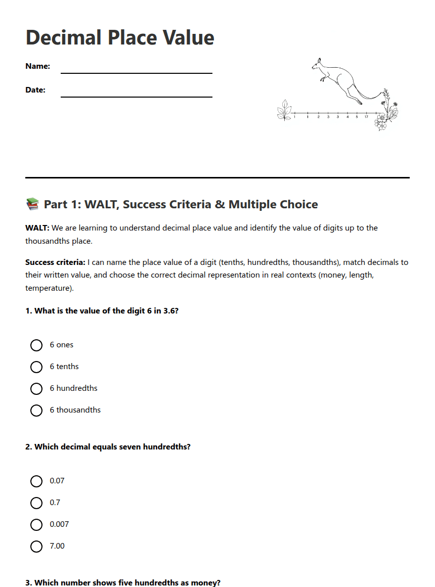 Decimal Place Value worksheet preview