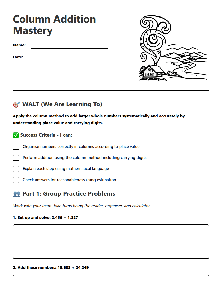 Column Addition Mastery worksheet preview