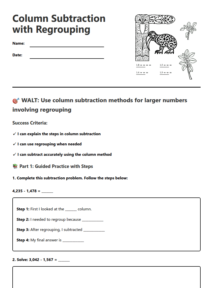 Column Subtraction with Regrouping worksheet preview