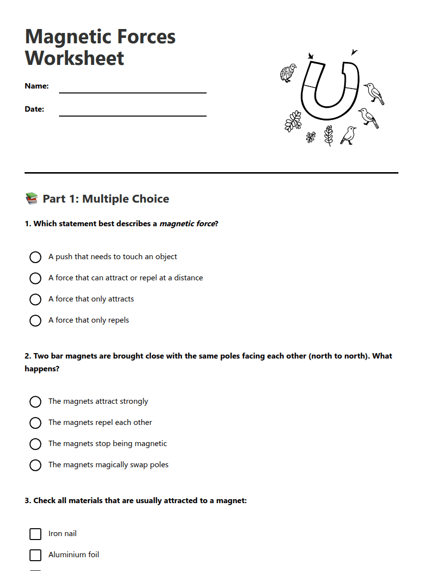 Magnetic Forces Worksheet worksheet preview