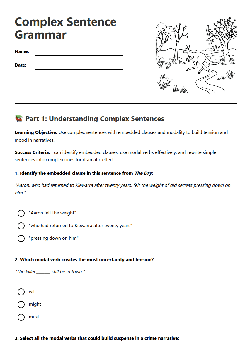 Complex Sentence Grammar worksheet preview