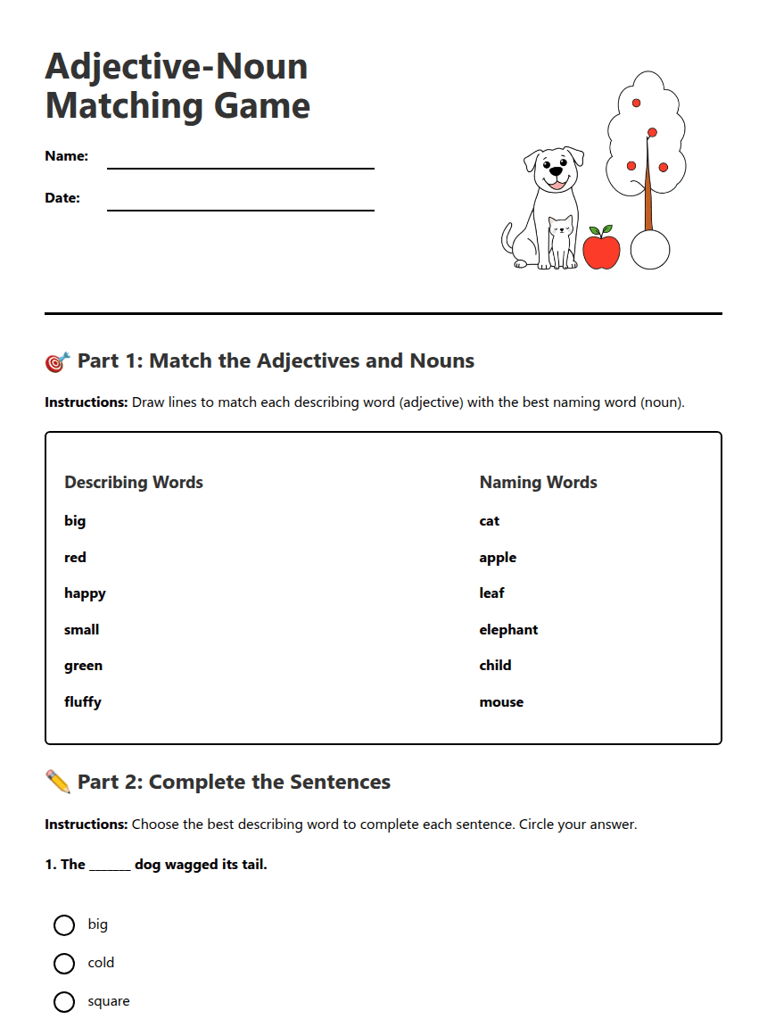 Adjective-Noun Matching Game worksheet preview