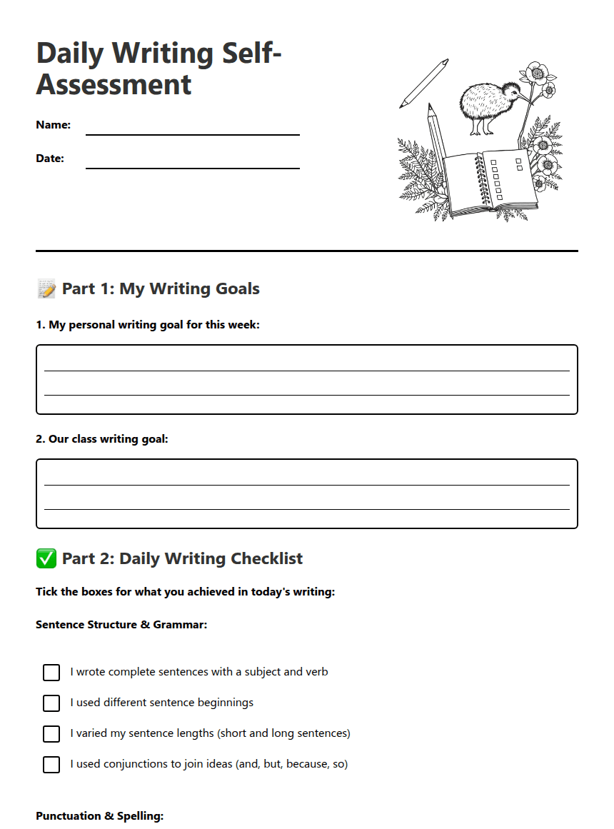 Daily Writing Self-Assessment worksheet preview