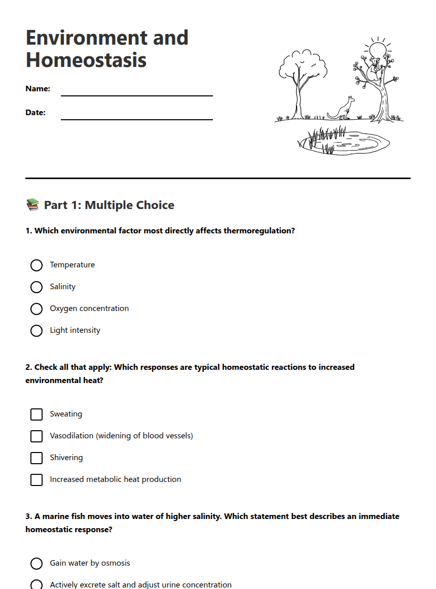 Environment and Homeostasis worksheet preview