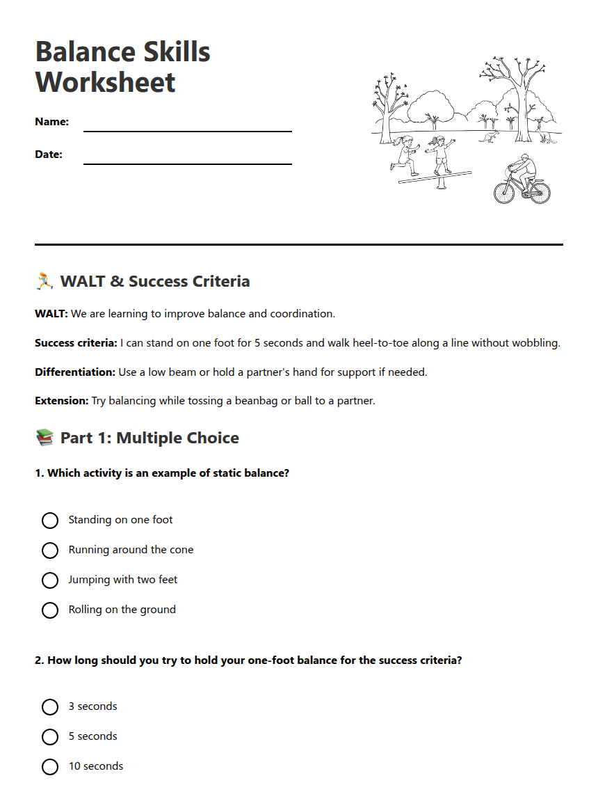 Balance Skills Worksheet worksheet preview