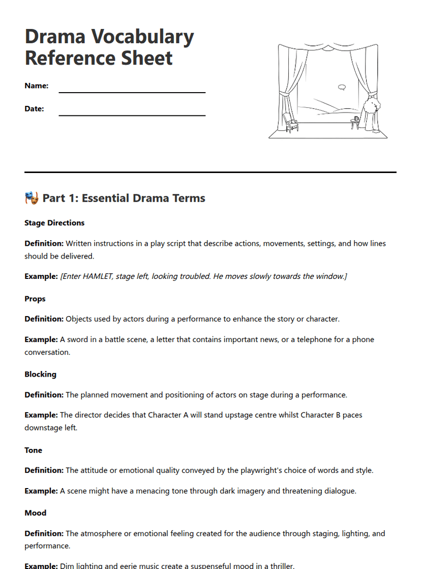 Drama Vocabulary Reference Sheet