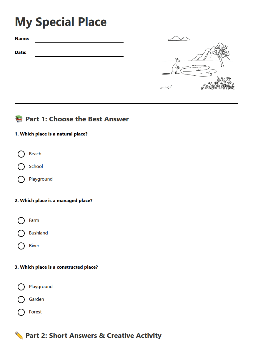 My Special Place worksheet preview