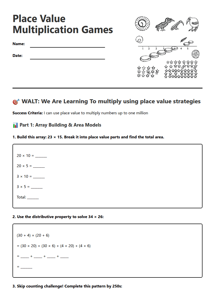 Place Value Multiplication Games worksheet preview
