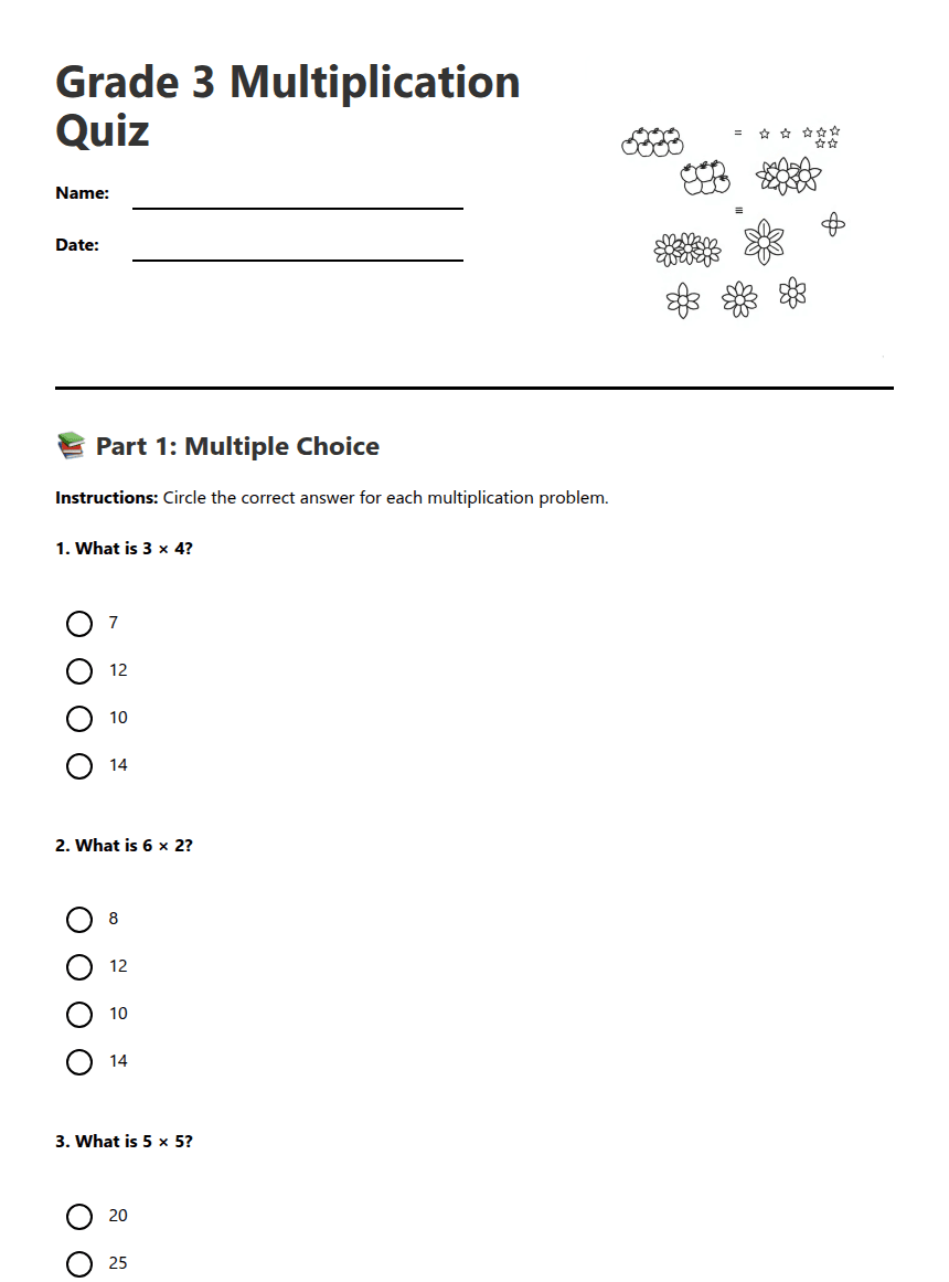 Grade 3 Multiplication Quiz worksheet preview