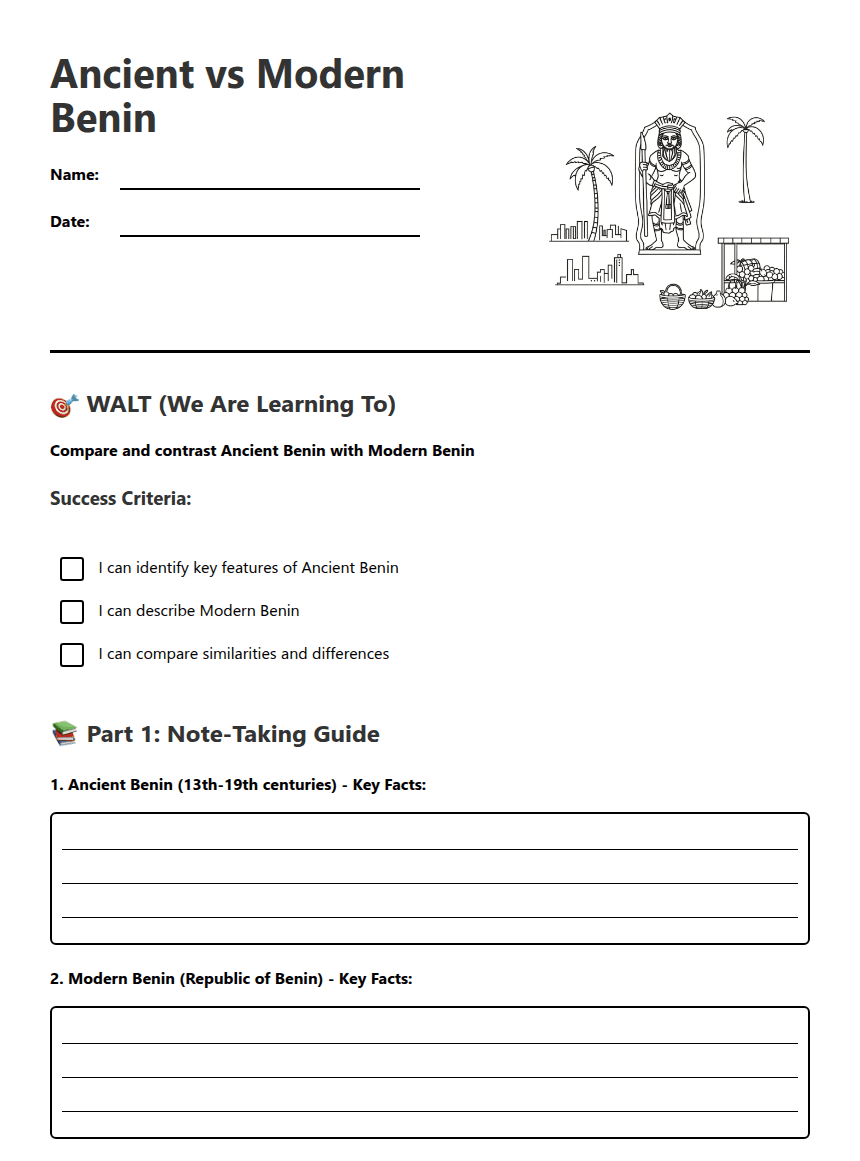 Ancient vs Modern Benin worksheet preview