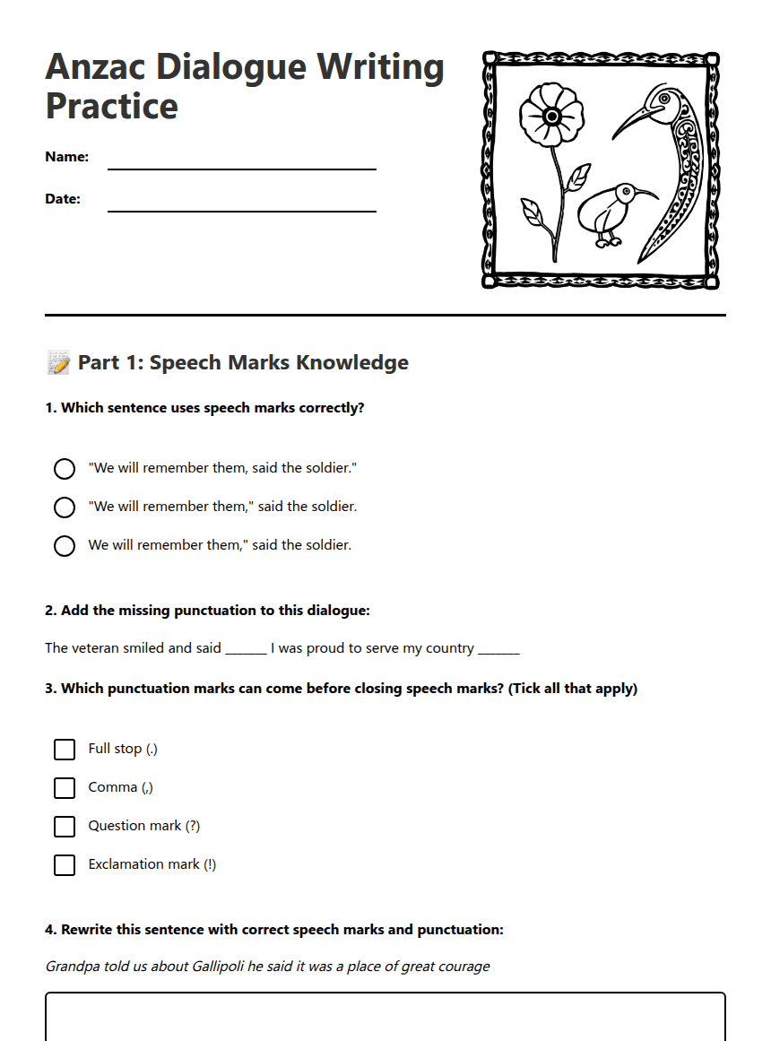 Anzac Dialogue Writing Practice worksheet preview
