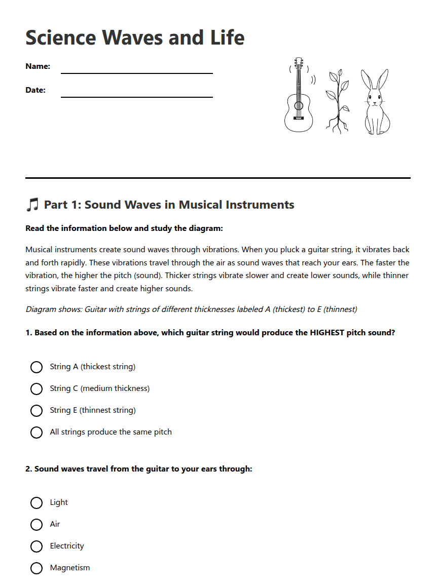 Science Waves and Life worksheet preview