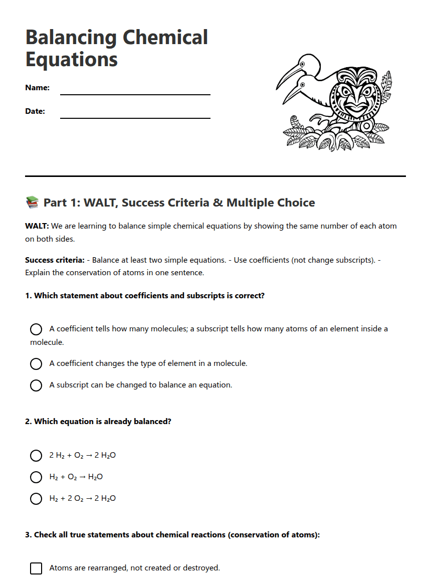 Balancing Chemical Equations worksheet preview