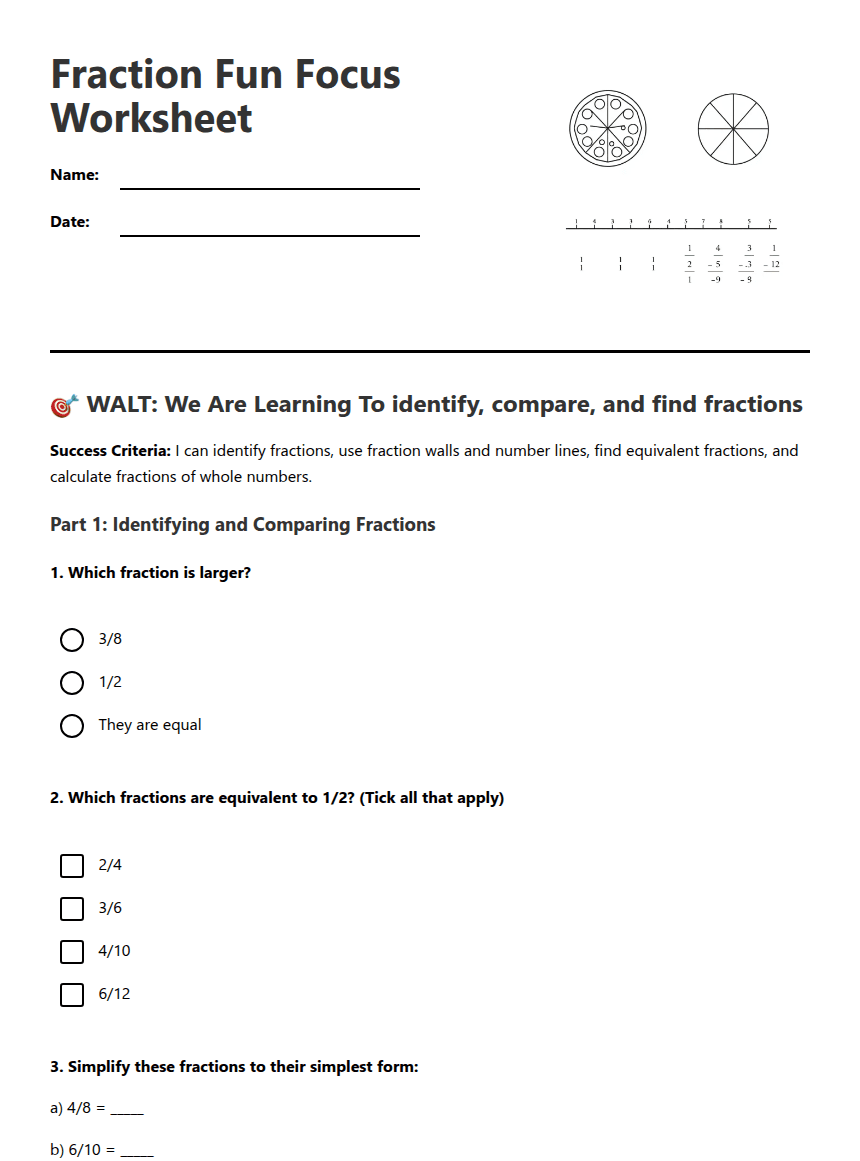 Fraction Fun Focus Worksheet worksheet preview