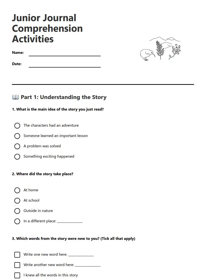 Junior Journal Comprehension Activities worksheet preview