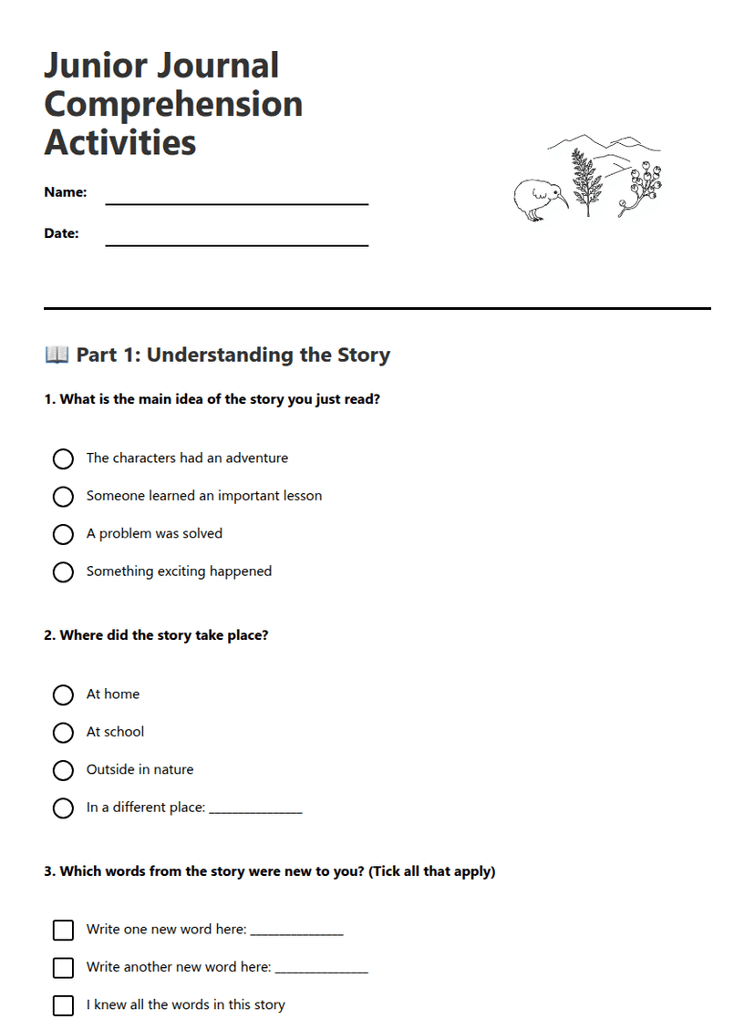 Junior Journal Comprehension Activities