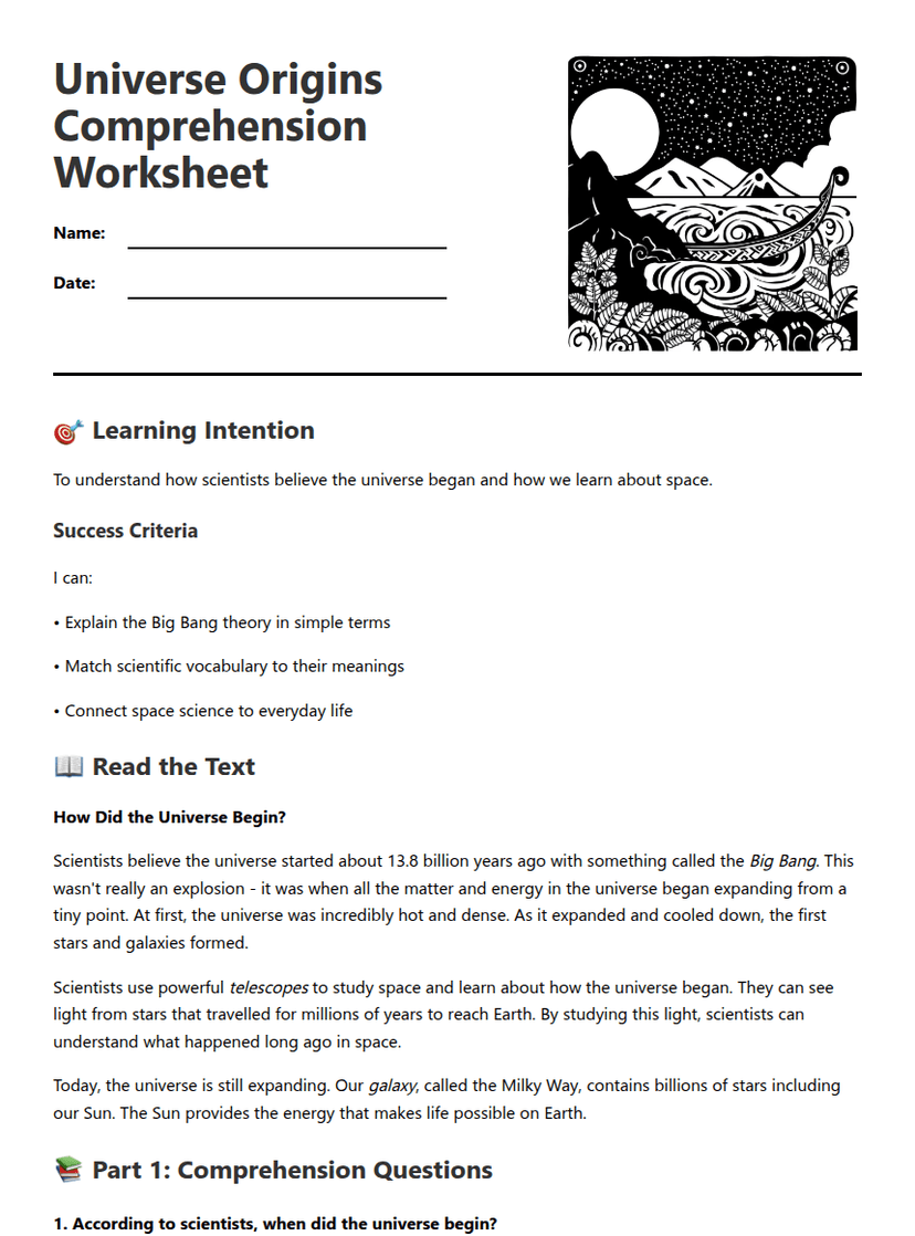 Universe Origins Comprehension Worksheet