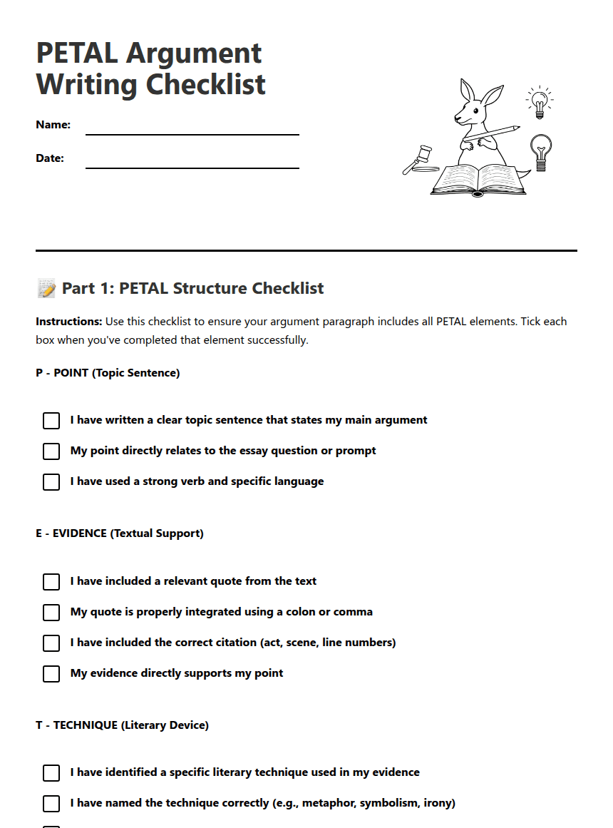 PETAL Argument Writing Checklist worksheet preview
