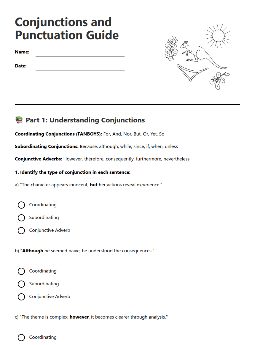 Conjunctions and Punctuation Guide worksheet preview