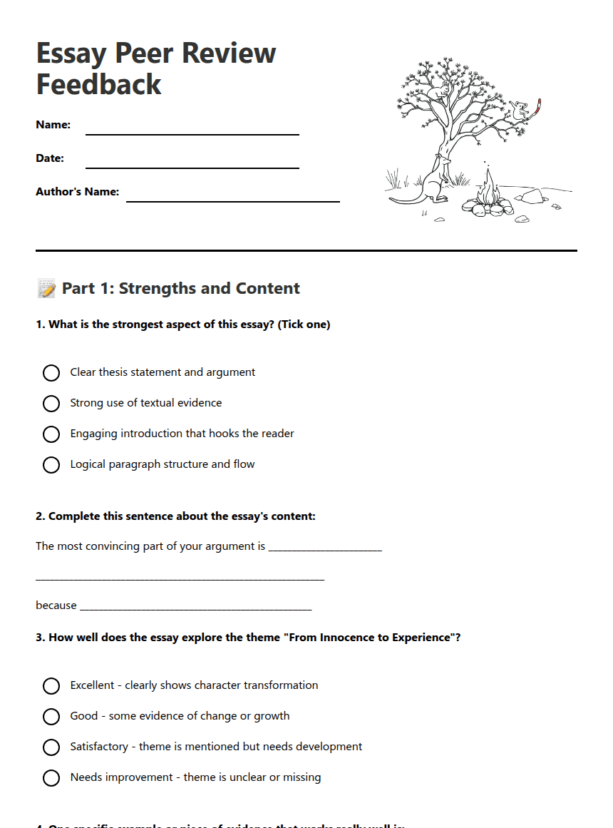 Essay Peer Review Feedback worksheet preview