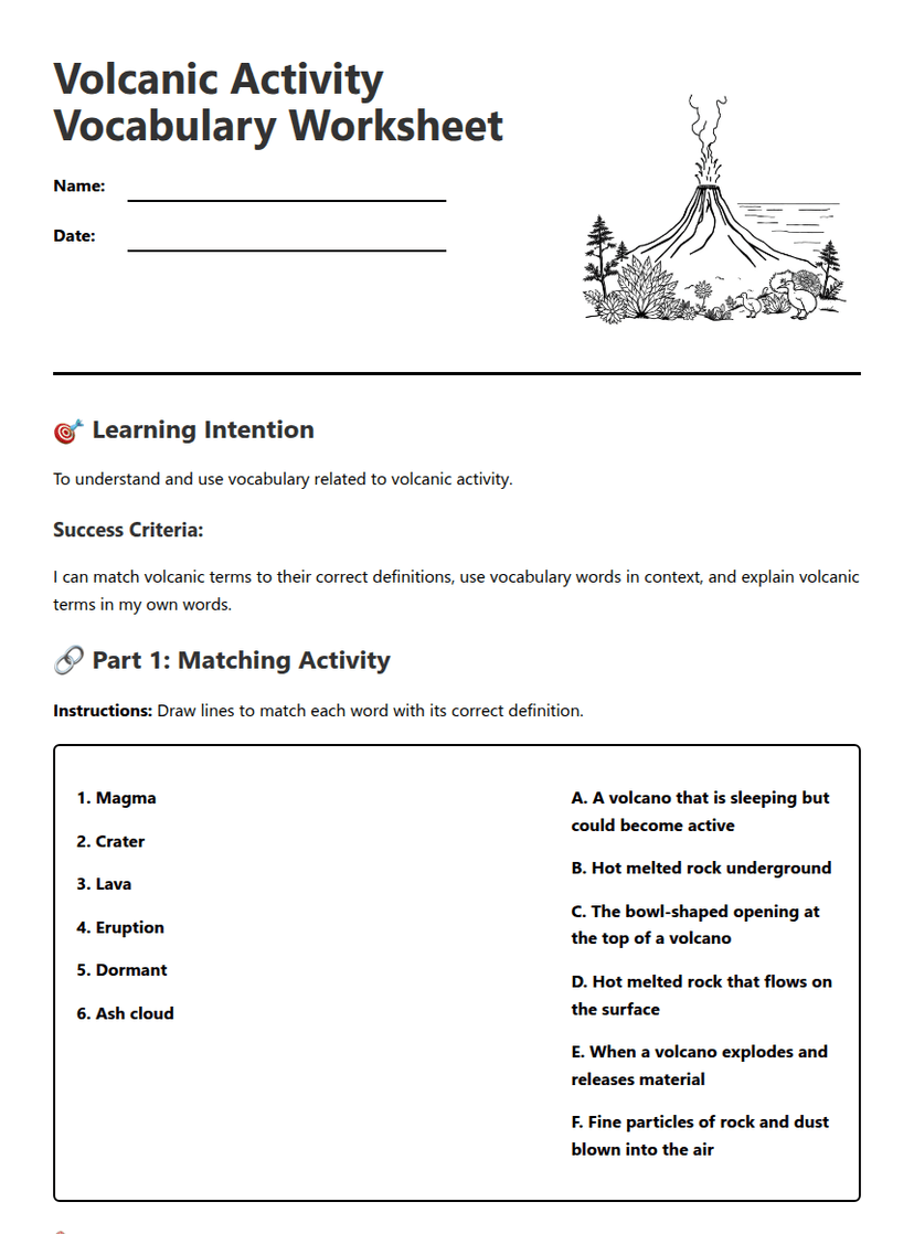 Volcanic Activity Vocabulary Worksheet